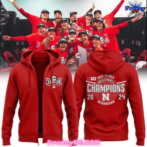 Nebraska Huskers Back-to-Back Volleyball Champions 2024 Red Zip Hoodie